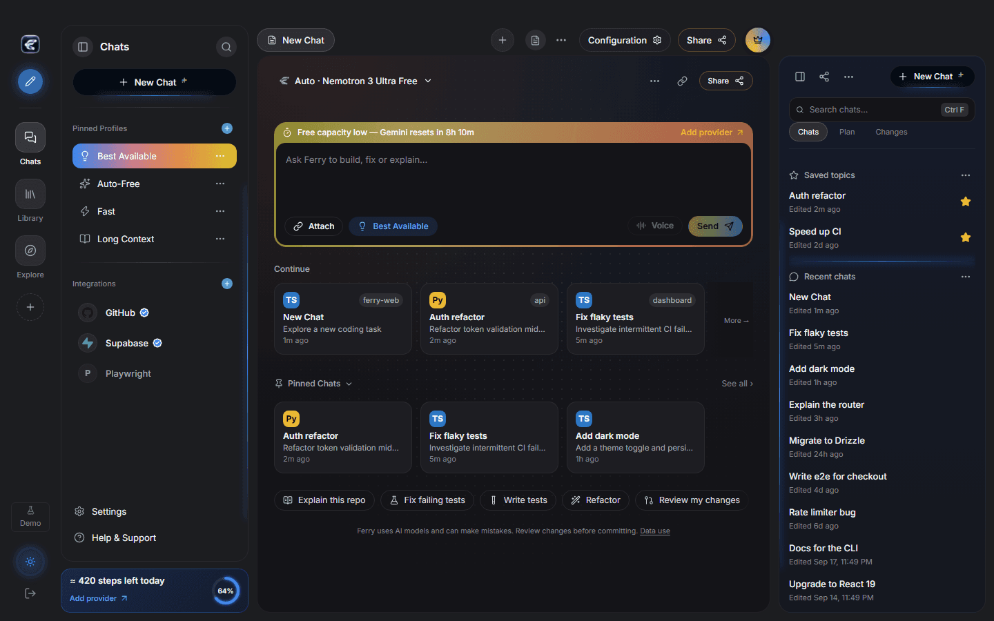 Ferry desktop home with the composer, pinned profiles, and remaining free capacity.