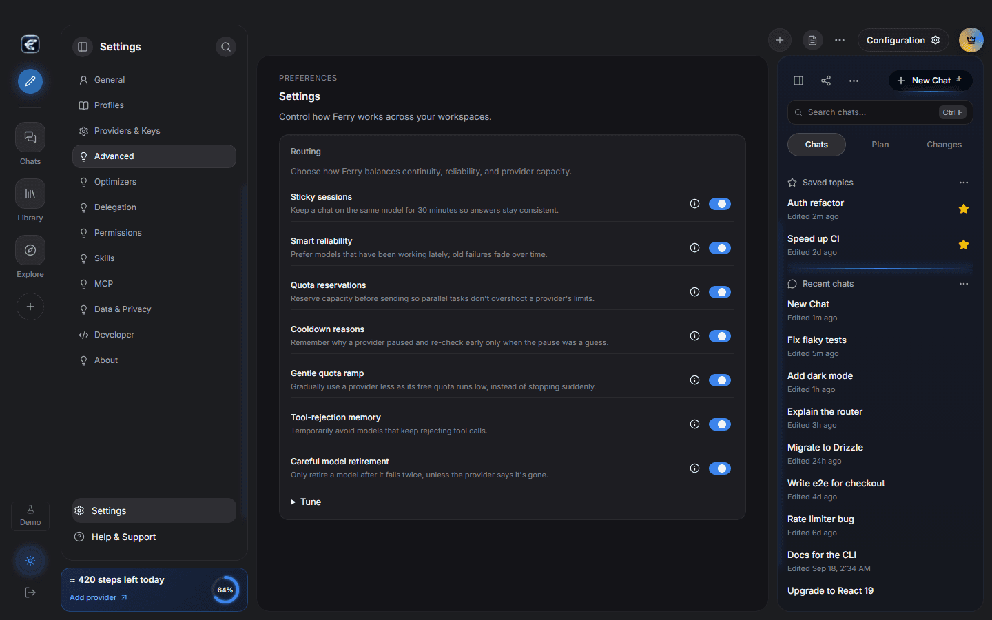 Ferry routing settings with sticky sessions, smart reliability, and quota controls.